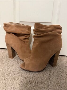Chinese Laundry Tan Suede Peep-Toe Slouch Booties